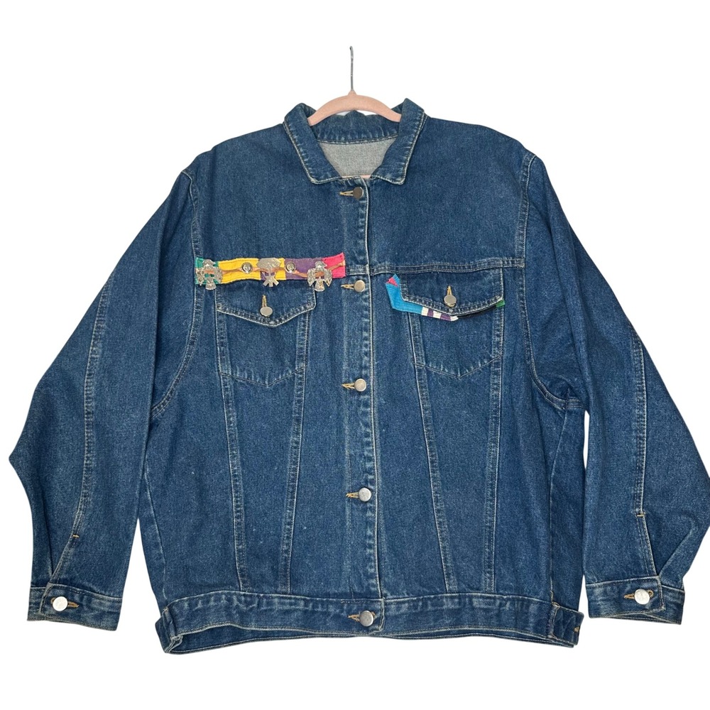 Vintage 90s Denim Jacket Boho Southwestern Cottagecore Charms USA Made LARGE